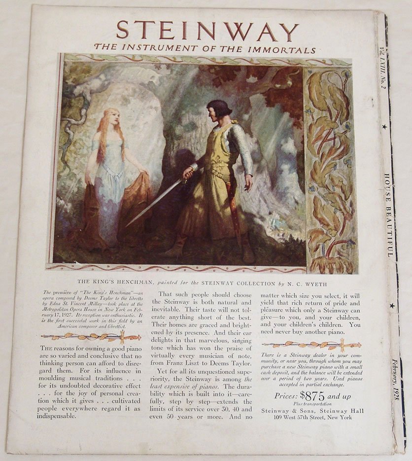 Antique Steinway Piano Ad "Instrument of the Immortals": This is an antique Steinway advertisement from the February, 1928 "House Beautiful" magazine featuring artwork by N.C. Wyeth titled "The King's Henchman." "The Instrument of the Immortals." 10" x 12 1