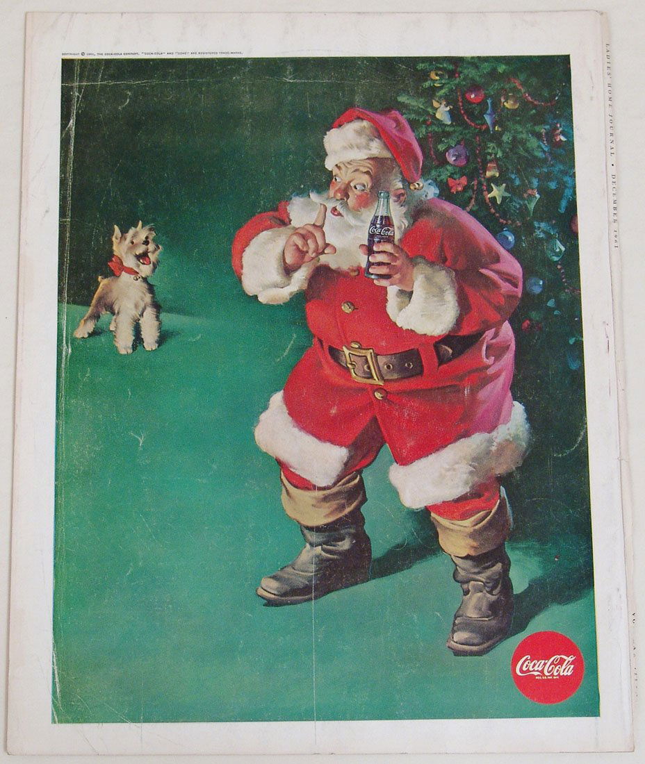 Vintage 1961 Coca-Cola Ad with Santa Claus & Scotty Dog: This is a vintage 1961 Coca-Cola/Coke advertisement featuring Santa Claus hushing a Scottish terrier. 10 1/2" x 13 1/2".