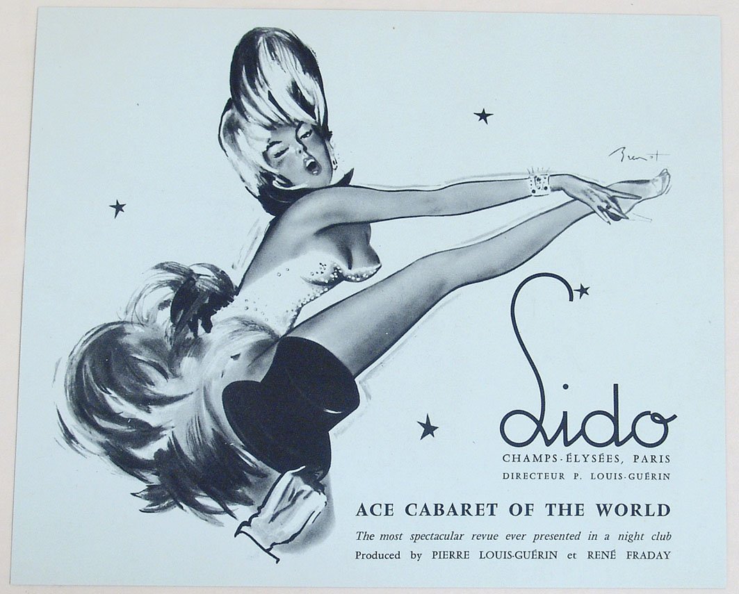 Vintage Advertisement for Lido Cabaret in Paris: This is a vintage 1940s/1950s risque advertising piece for the Lido, Champs-Elysees, Paris. 12" x 10".