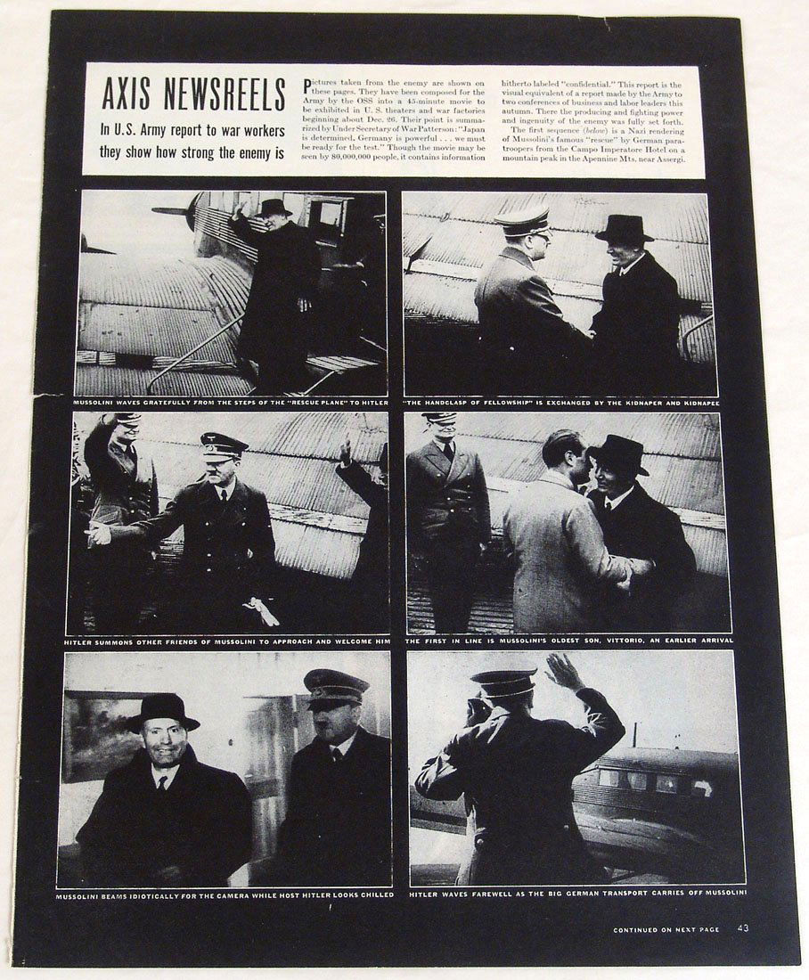 Vintage 1940s WWII Axis Newsreels Magazine Print: This is a page removed from a vintage 1940s magazine featuring information on Axis newsreels; Hitler and Mussolini are shown. Approx. 10 1/4" x 14".