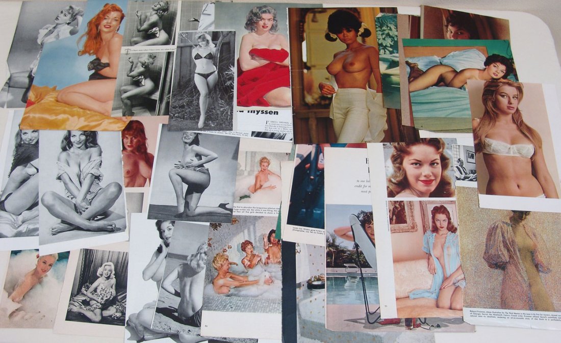 Vintage 1950s-1960s Nude & Risque Images: This is a lot of several dozen vintage pages and images taken from various 1950s-1960s men's magazines such as "Modern Man," "Playboy," "Frolic," and "Adam." Some may be covered up or not shown comple