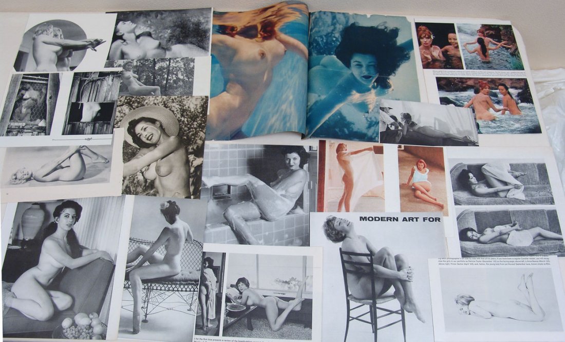 Vintage 1950s-1960s Nude & Risque Images: This is a lot of several dozen vintage pages and images taken from various 1950s-1960s men's magazines such as "Modern Man," "Playboy," "Frolic," and "Adam." Some may be covered up or not shown comple