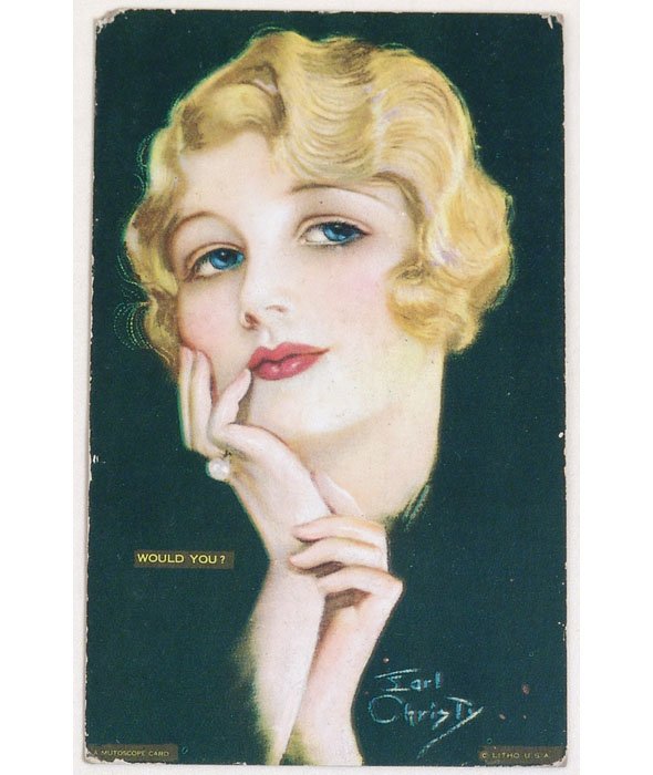 Antique Mutoscope Card with Earl Christy Artwork: This is an antique c1920s Art Deco Mutoscope card with artwork by Earl Christy titled "Would You?". 3 1/4" x 5 1/4". Litho in U.S.A.