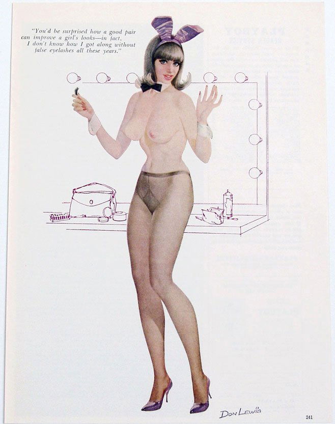 Vintage 1960s Risque Playboy Bunny Pin-Up by Don Lewis: This is a vintage Playboy Bunny pin-up, removed from a 1960s "Playboy" magazine, featuring artwork by Don Lewis. 8" x 11".