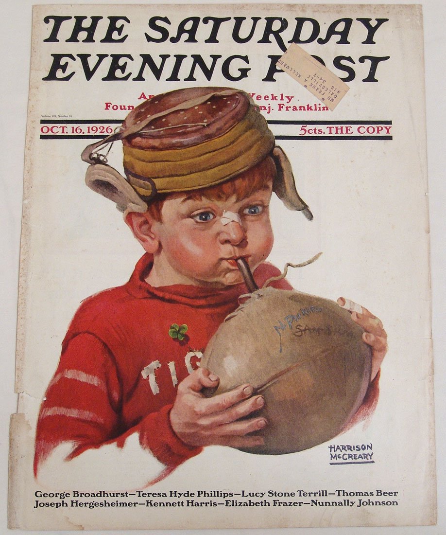 Antique 1926 "Saturday Evening Post" Mag Cover: This is an antique cover from the October 16, 1926 issue of "Saturday Evening Post" magazine with football artwork by Harrison McCreary. Approx. 10 1/4" x 13 3/4".