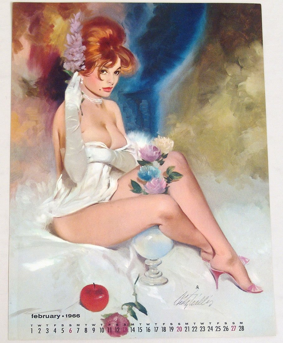 Nude Pin-Up Calendar Page by Fritz Willis: This is a vintage Fritz Willis risque pin-up print from the 1966 Artist's Sketch Pad calendar. Published by Brown & Bigelow. 9" x 12".