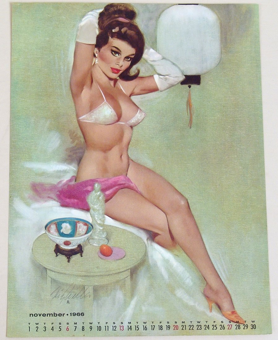 Risque Pin-Up Calendar Page by Fritz Willis: This is a vintage Fritz Willis risque pin-up print from the 1966 Artist's Sketch Pad calendar. Published by Brown & Bigelow. 9" x 12".