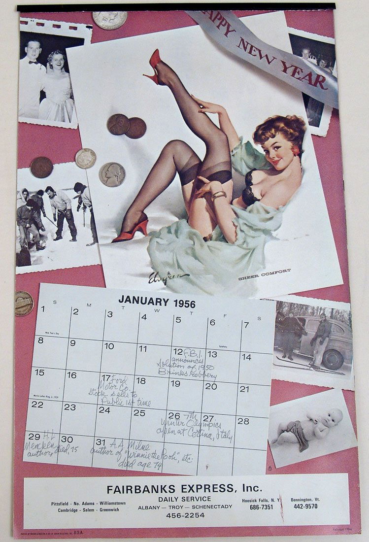 Elvgren Pin-Up Calendar: This is a "Fabulous Fifties" pin-up calendar featuring artwork by Gil Elvgren. A "1956" calendar printed in 1984 because the days and dates matched those of 1956. Printed by Brown & Bigelow. 11" x 15"