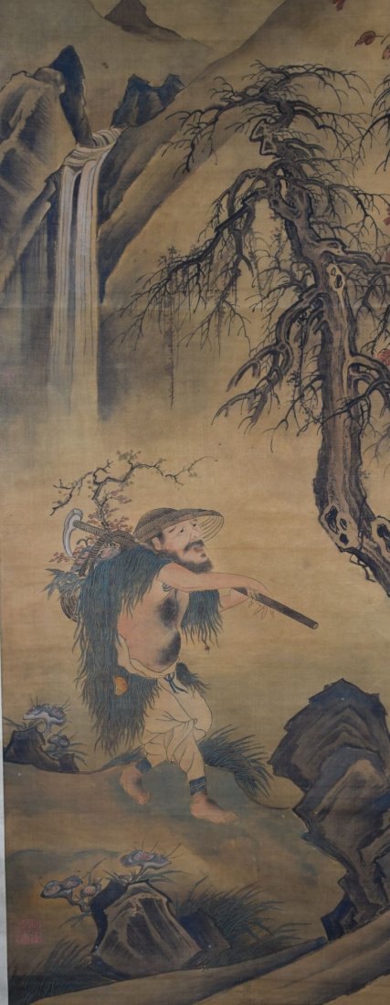 Chinese or Taiwan scroll painting, signed, 19"x57": Picture Roll, China or Taiwan, 1900, landscape, ink and watercolor on paper, men in mountain landscape, illustration about 145x50cm. Inches: 57.09 x 19.69.