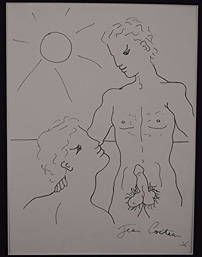 Jean COCTEAU (1889-1963) Drawing signed.: Erotic drawing by Jean COCTEAU (1889-1963). Ink on paper. Mass without passepartout: 31 x 40 cm. Condition: good. Not framed.