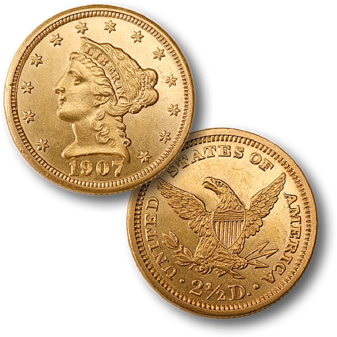 1907 $2.5 Gold Liberty Quarter Eagle BU: Please note item will be as shown in image.Bidder is responsible for grade and value.