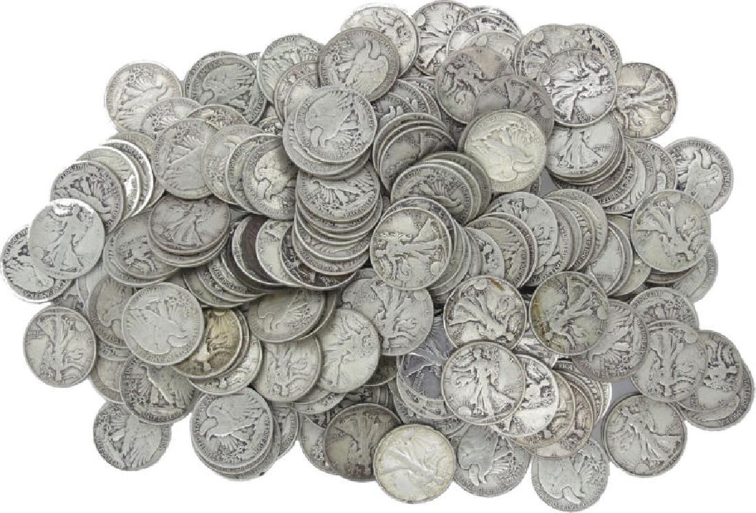 (100) Walking Liberty Half Dollars - 90% Silver: Item is as shown in image. Bidder is responsible for all value and grade determination based upon image. All bids constitute abinding contract and agreement to pay.