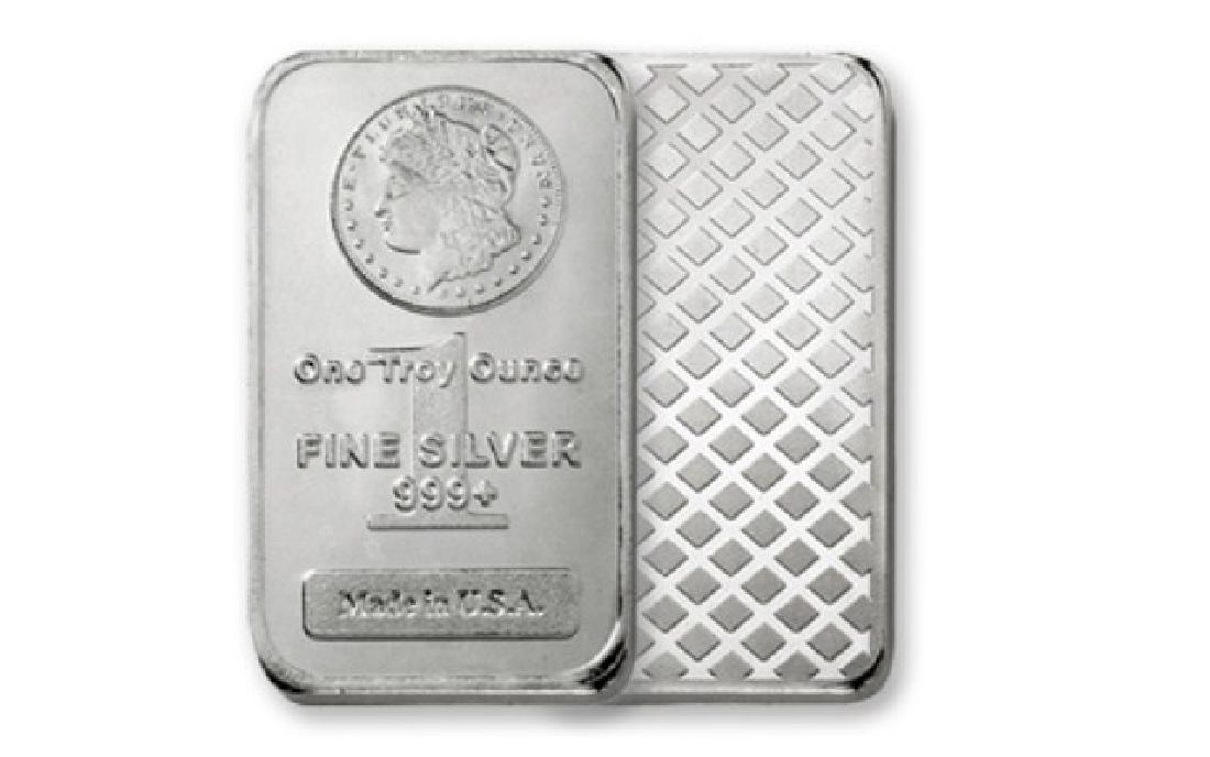 1 oz. Morgan Design Silber Bar: Item is as shown in image. Bidder is responsible for all value and grade determination based upon image. All bids constitute abinding contract and agreement to pay.