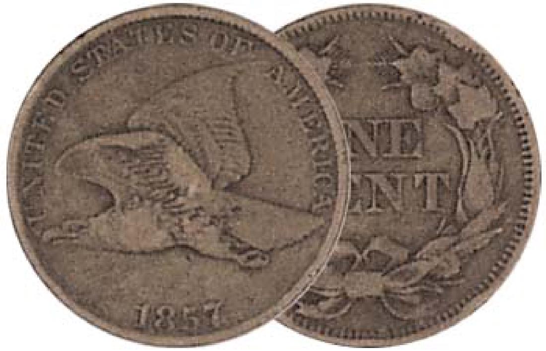 1857 Flying Eagle US One Cent: Item is as shown in image. Bidder is responsible for all value and grade determination based upon image. All bids constitute abinding contract and agreement to pay.