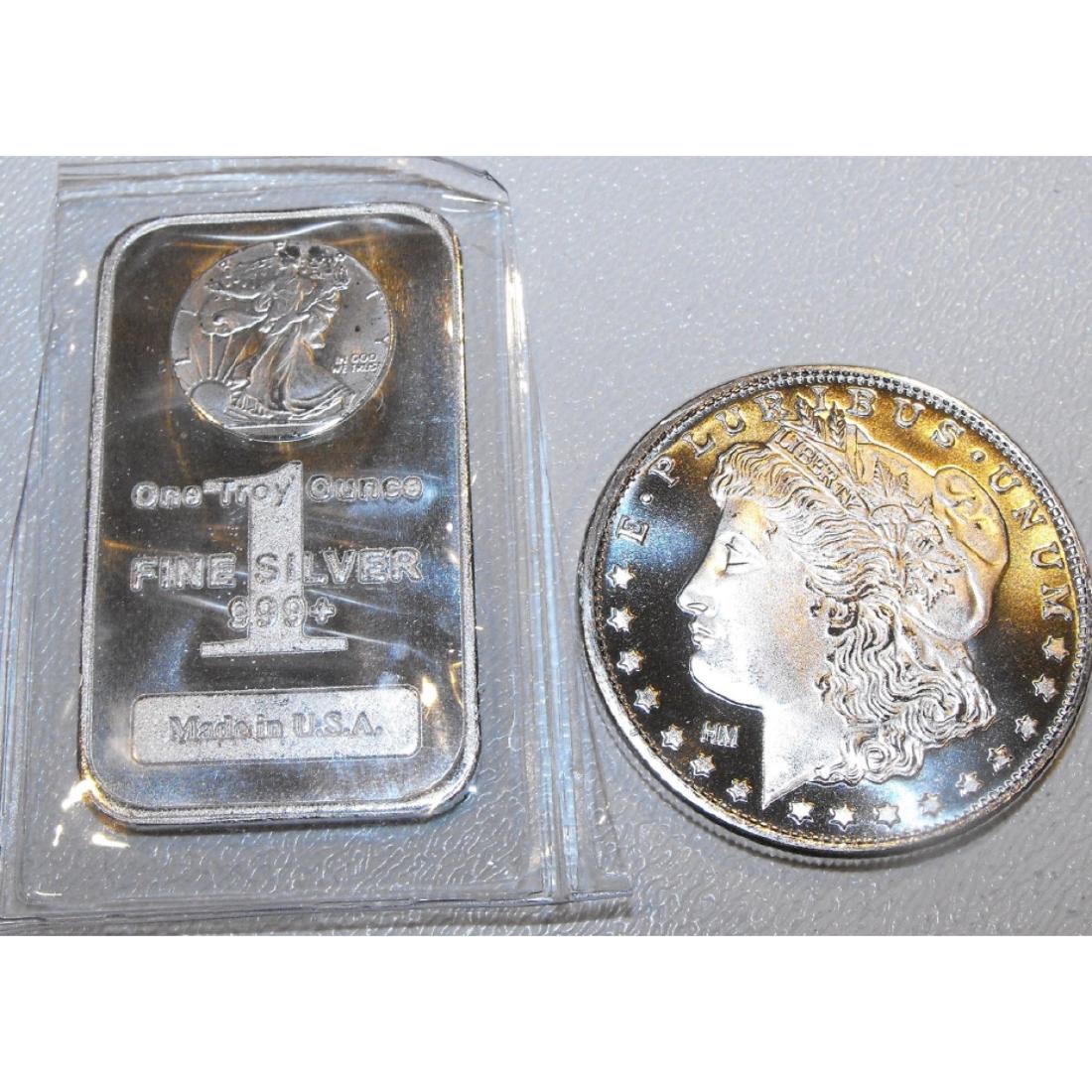 1 oz Silver Morgan Round and Walking Liberty Bar: Item is as described in title. Due to the fact we may have more than one, we use stock photographs for this type of item. You will receive the same type of item described and shown in title.