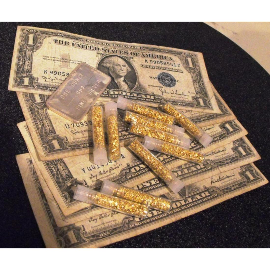 Investor's Lot - Silver-Old Currency: Gold Leaf NON BULLION (not meltable) Vials(10), 1 oz Silver Bar, 5 Obsolete Silver certificates!