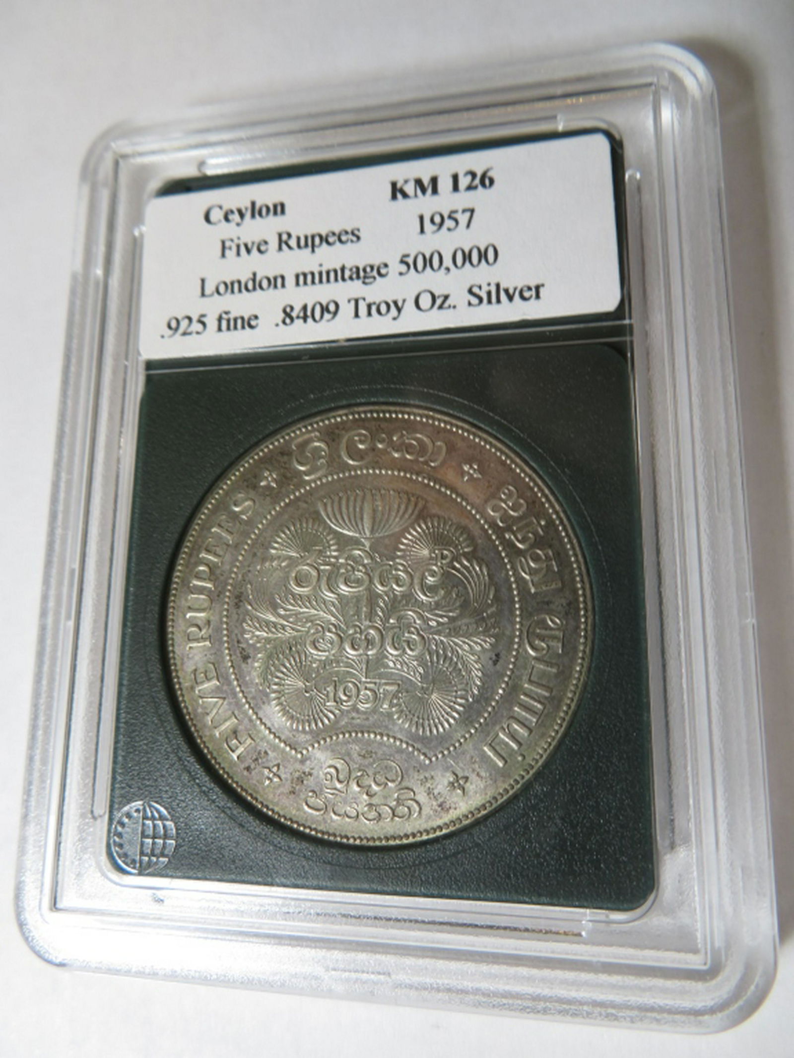 1957 Ceylon 5 Rupees Silver Coin in Slab (1 of 2)
