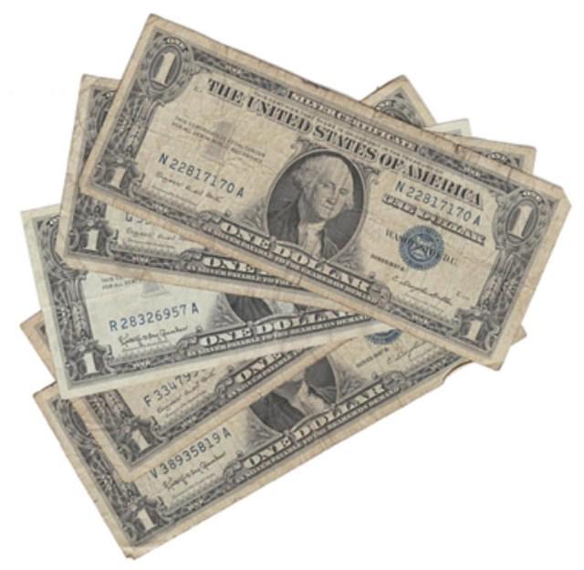 5 Circulated Silver Certificates - As shown: A lot of circulated dates are 1935 or 1957 and are our choice. The picture is representative of the bills you will receive.