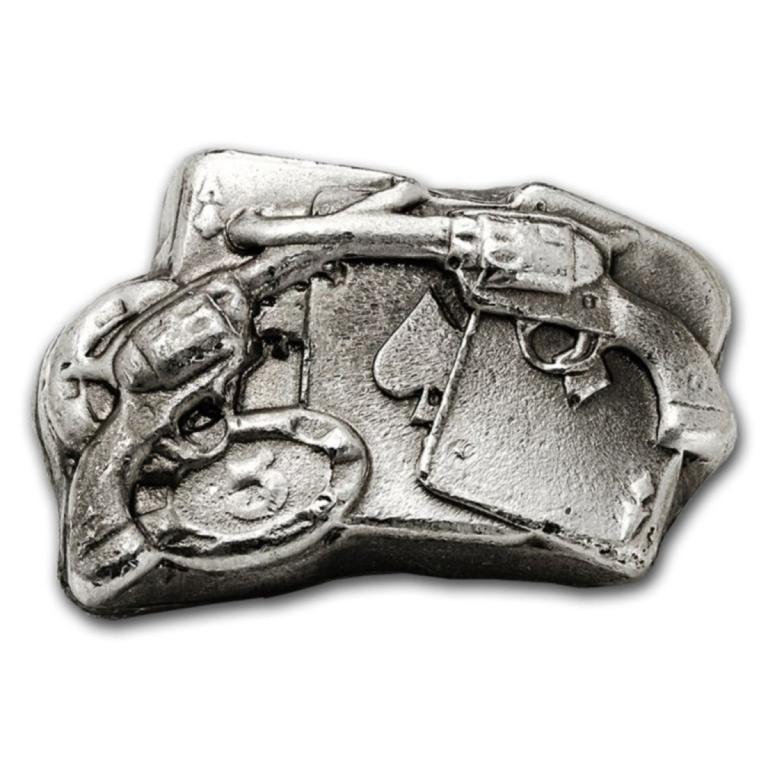 2 oz Silver Bar - Cards and 6 Shooter: . Items are as shown in image, bidder is responsible for grade and value. All terms apply to every bid and lot. Please review the terms PRIOR to placing a bid. All sales final.