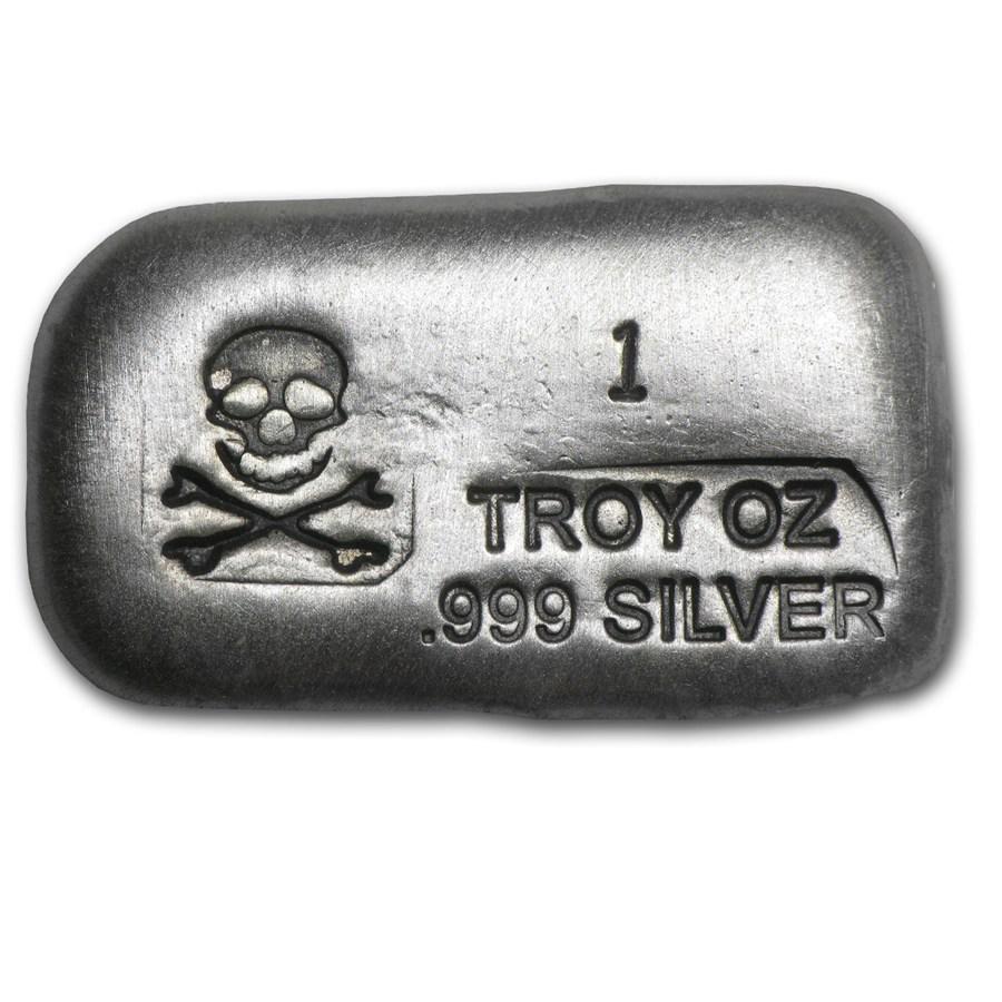1 oz. Silver Poured Bar - Skull and Crossbones (1 of 2)