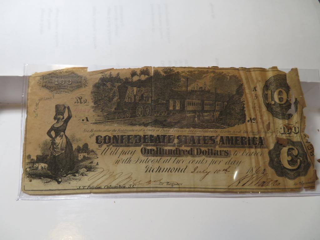 1862 $100 Confederate States Currency As Found (1 of 2)