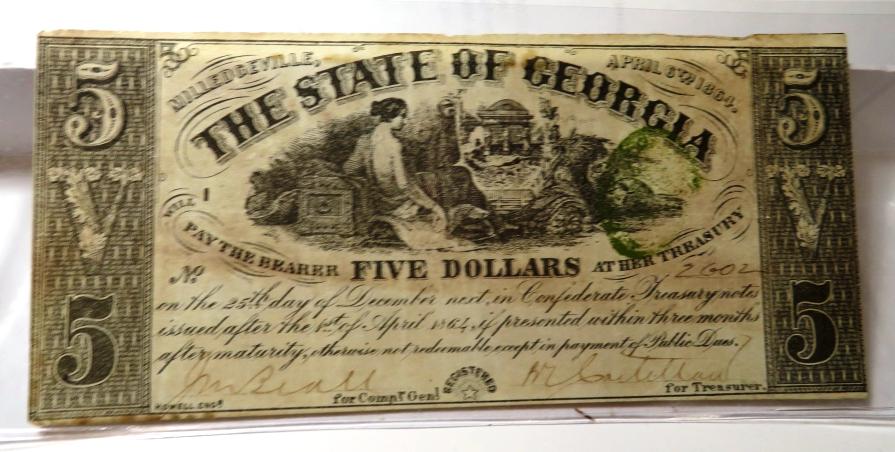 1864 Confederate State of Georgia $5 Currency (1 of 2)