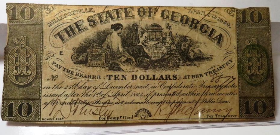 1864 Confederate State of Georgia $10 Currency: The item is the exact item in the scan - Please review the terms and shipping timing.