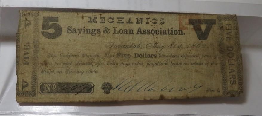 1864 Mechanics Bank $5 Currency Note (1 of 2)