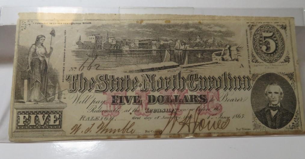 RARE 1863 State of North Carolina $5 Currency: The item is the exact item in the scan - Please review the terms and shipping timing.