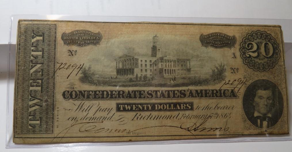 1864 $20 Confederate Currency Nice Condition: The item is the exact item in the scan - Please review the terms and shipping timing.