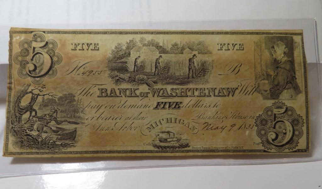 RARE 1835 Washtenaw MI $5 Currency Note: The item is the exact item in the scan - Please review the terms and shipping timing.