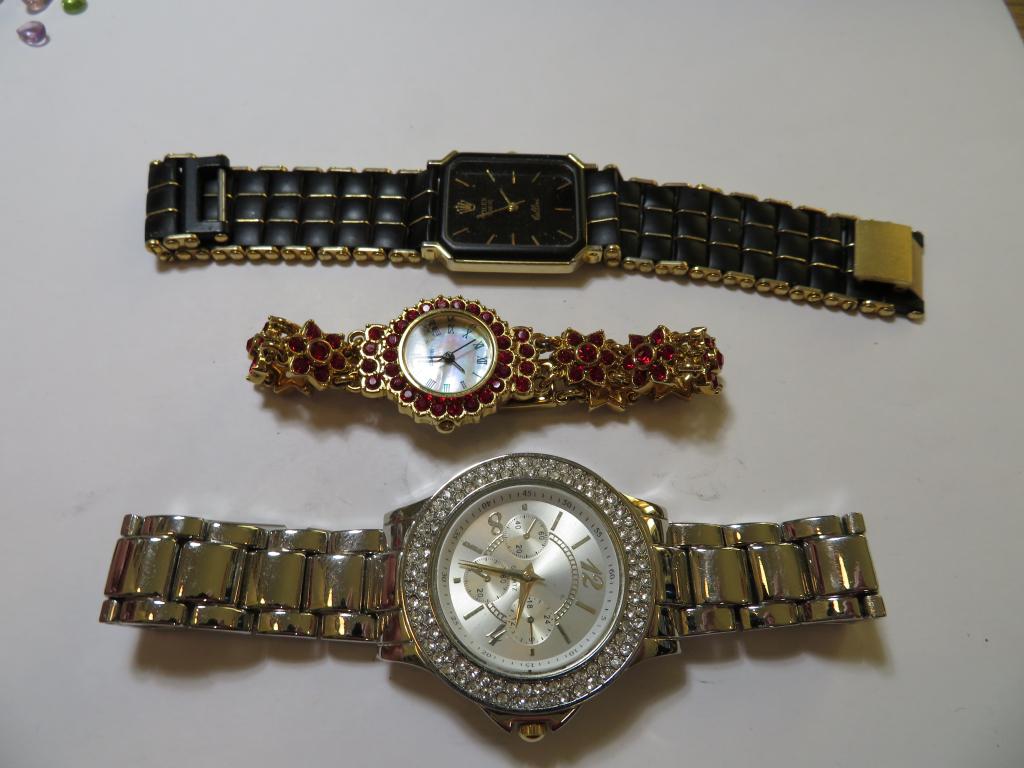 Lot of (3) Estate Modern Costume Watches: WE DO NOT KNOW IF THEY WORK! CONSIDER THEM DECORATOR ITEMS! - THE ROLEX IS NOT A ROLEX! - Item is the EXACT in the image - Bidder decides the value and grade by the bids placed. C Lot Vault goods -