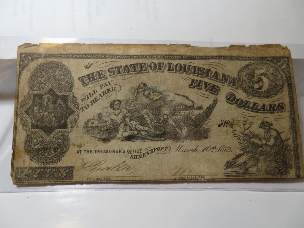1863 State of Louisana $5 Currency: The item is the exact item in the scan - Please review the terms and shipping timing.