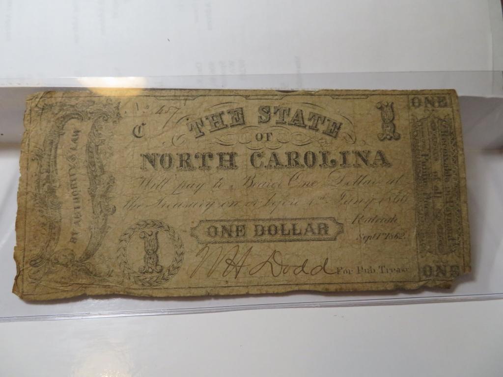 1862 State of North Carolina $1 Dollar Note (1 of 2)