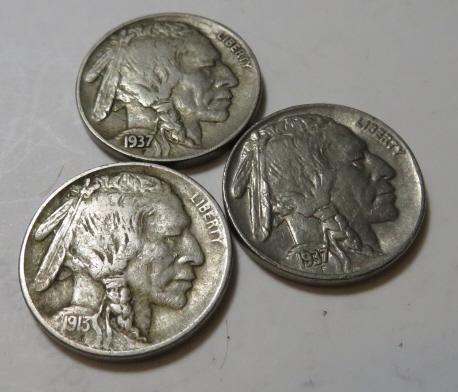 (3) Collectible Buffalo Nickels 1913 T1-37d-37d (1 of 2)