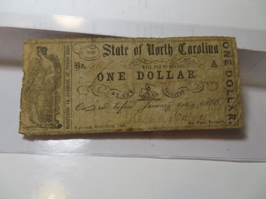 1866 State of North Carolina $1 Currency: The item is the exact item in the scan - Please review the terms and shipping timing.