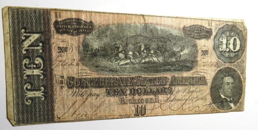 1864 $10 Confederate Currency RARE!: Item is the EXACT in the image - Bidder decides the value and grade by the bids placed. C Lot Vault goods -