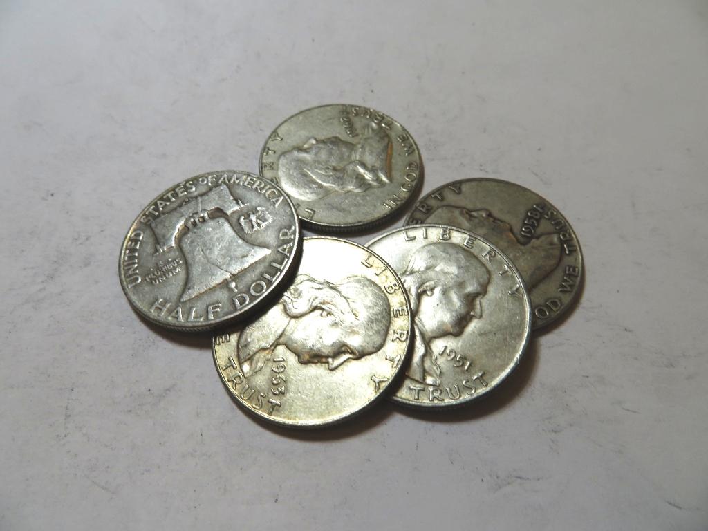 5 pcs. Franklin Half DOllars 90% Silver (1 of 1)