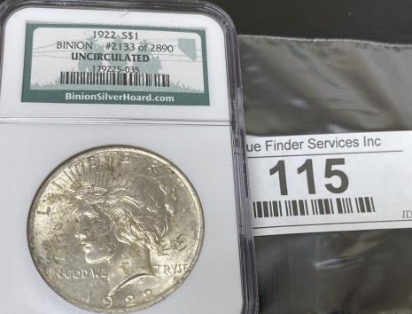 1922 BINIONS UNcirculated Peace Silver Dollar (1 of 2)