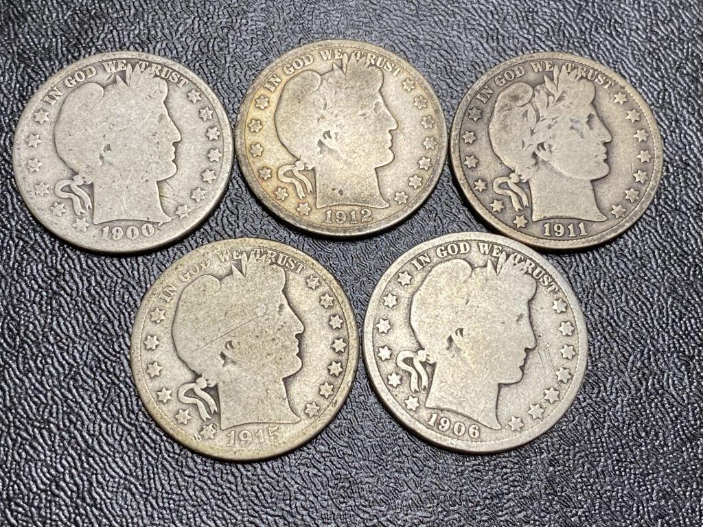 Lot of 5 Barber Half Dollars (1 of 2)
