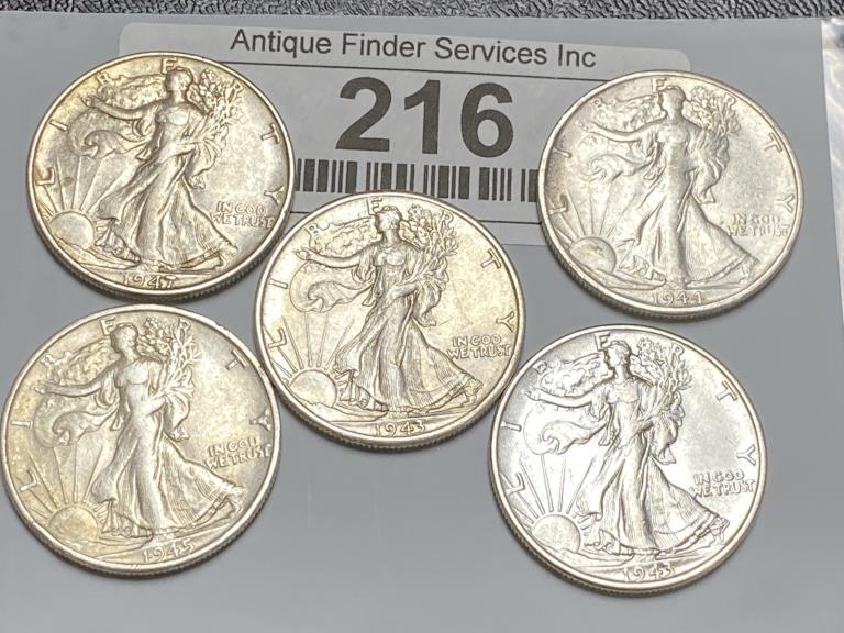 (5) VF-AU Grade Walking Liberty Half Dollars (1 of 2)
