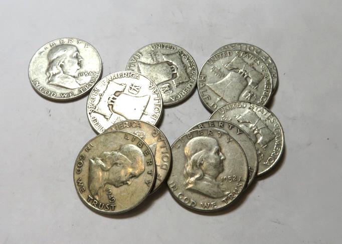 10 pcs Franklin Half Dollars 90% Silver (1 of 1)