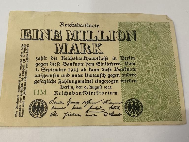 RARE 1923 EINE MILLION MARK Hyperinflation Note: Item is the exact item in the image. At the height of the Great Depression the German economy was laying in waste. This note for 9 million marks is a historical item of importance.
