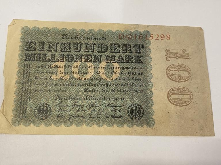 1923 100 Million Mark Hyperinflation German Note: A RARE German Pre Hitler - Note - Great Depression Historical item. Item is the exact item in the image and qualifies for FAST 3 day shipping.