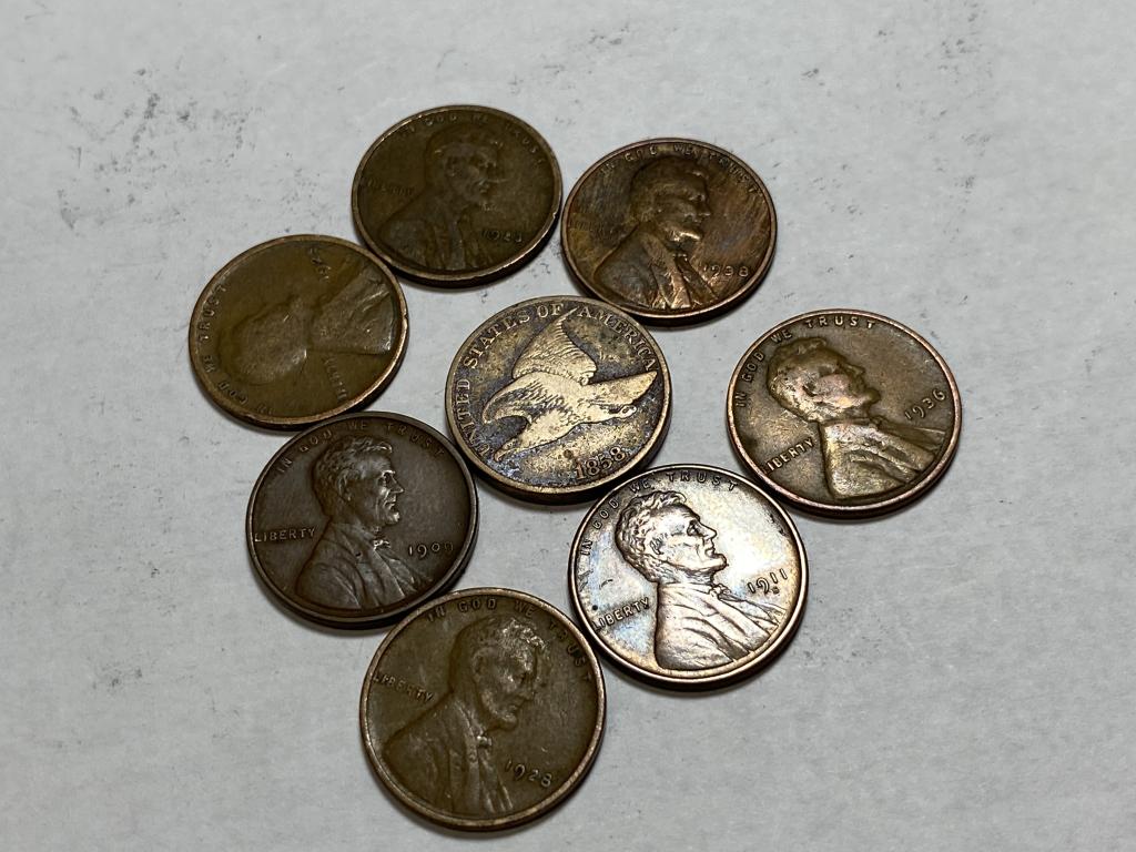 Lot of 9 -US Copper Small Cents-KEY (1 of 2)