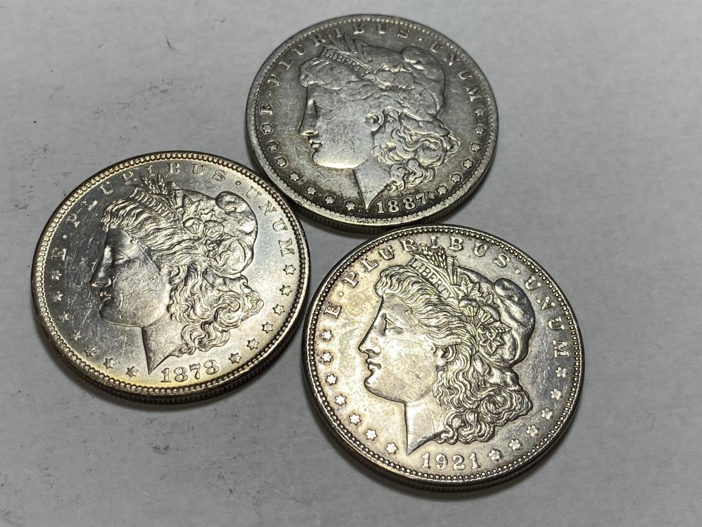 Lot of 3- US Silver Morgan Dollars- 90% Silver (1 of 2)