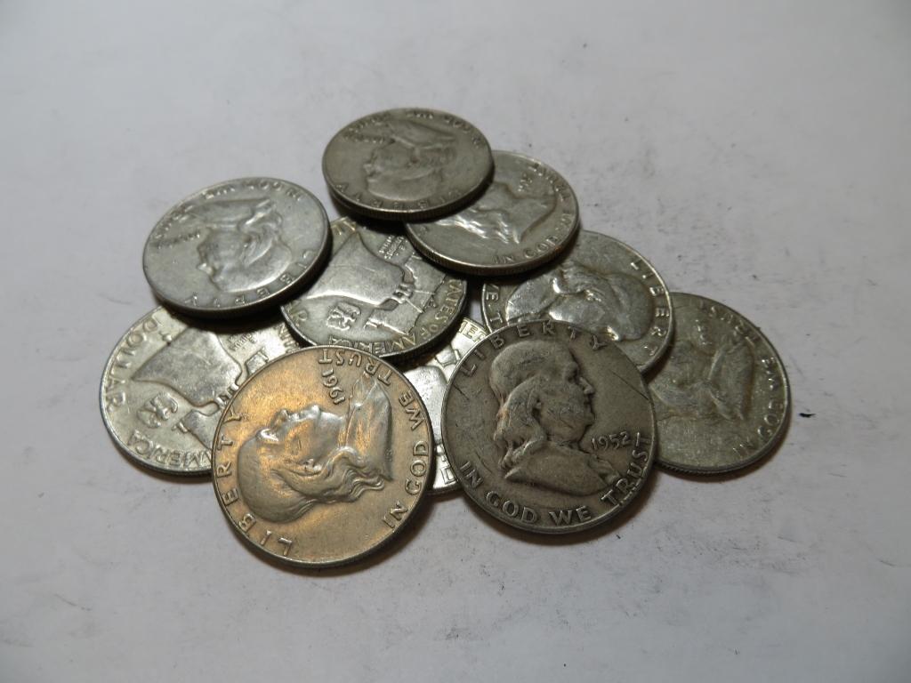 10 pcs Franklin Half Dollars 90% Silver (1 of 1)