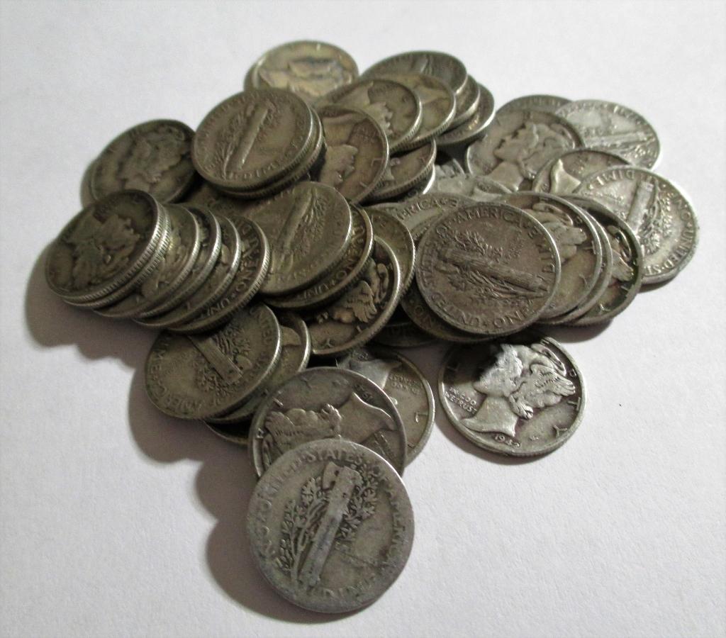 (50) Mercury Dimes $5 Face 90% Silver: Items are as shown in image. Bidder is responsible for all grade and value. Please review all terms and understand shipping procedure prior to bidding.