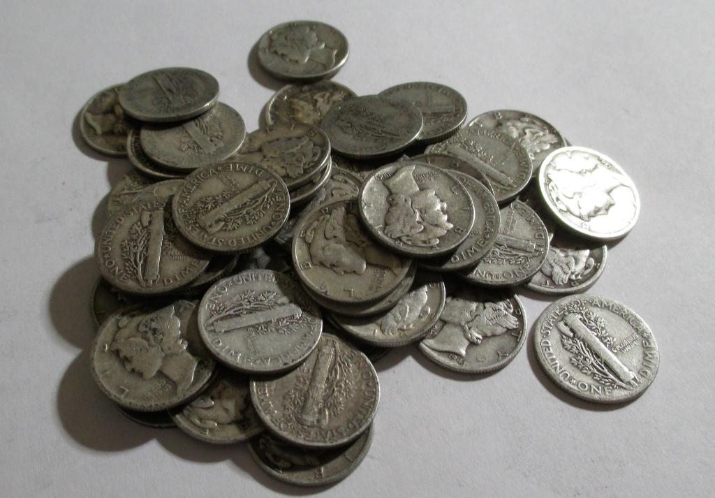 (50) Mercury Dimes- 90% Silver: Items are as shown in image. Bidder is responsible for all grade and value. Please review all terms and understand shipping procedure prior to bidding.