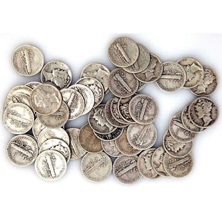 (50) Mercury Dimes -90% Silver Random: Items are as shown in image, bidder is responsible for grade and value. All terms apply to every bid and lot. Please review the terms PRIOR to placing a bid. All sales final.